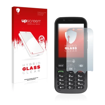 Parte frontale di una confezione del prodotto con il logo del marchio upscreen. Accanto è raffigurato il dispositivo Doro 7010