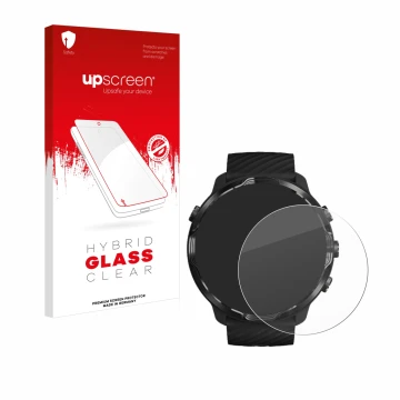 Parte frontale di una confezione del prodotto con il logo del marchio upscreen. Accanto è raffigurato il dispositivo Suunto 7 