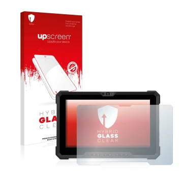 Parte frontale di una confezione del prodotto con il logo del marchio upscreen. Accanto è raffigurato il dispositivo Dell Lati