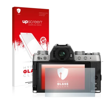 Parte frontale di una confezione del prodotto con il logo del marchio upscreen. Accanto è raffigurato il dispositivo Fujifilm 
