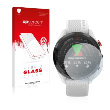 Parte frontale di una confezione del prodotto con il logo del marchio upscreen. Accanto è raffigurato il dispositivo Garmin Ap