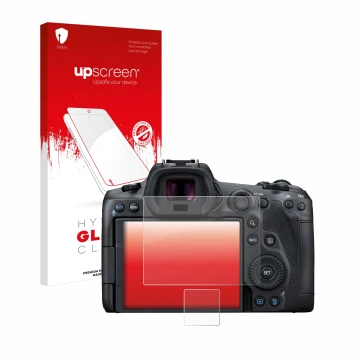 Parte frontale di una confezione del prodotto con il logo del marchio upscreen. Accanto è raffigurato il dispositivo Canon EOS
