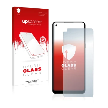 Parte frontale di una confezione del prodotto con il logo del marchio upscreen. Accanto è raffigurato il dispositivo LG K51S c
