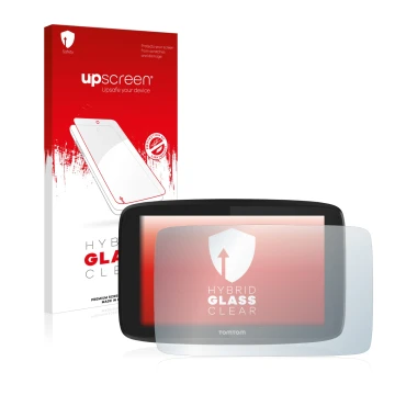 Parte frontale di una confezione del prodotto con il logo del marchio upscreen. Accanto è raffigurato il dispositivo TomTom Go