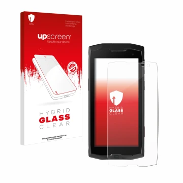 Parte frontale di una confezione del prodotto con il logo del marchio upscreen. Accanto è raffigurato il dispositivo Crosscall