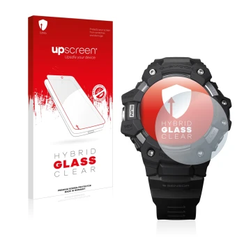 Parte frontale di una confezione del prodotto con il logo del marchio upscreen. Accanto è raffigurato il dispositivo Casio G-S