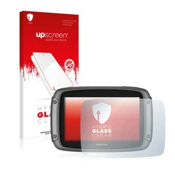 Parte frontale di una confezione del prodotto con il logo del marchio upscreen. Accanto è raffigurato il dispositivo TomTom Ri