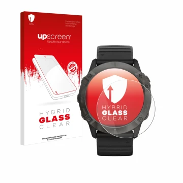 Parte frontale di una confezione del prodotto con il logo del marchio upscreen. Accanto è raffigurato il dispositivo Garmin Fe