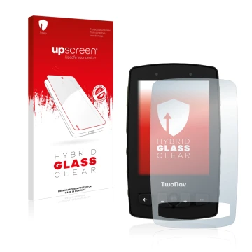 Parte frontale di una confezione del prodotto con il logo del marchio upscreen. Accanto è raffigurato il dispositivo TwoNav Av