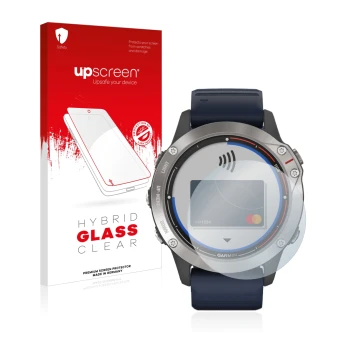 Parte frontale di una confezione del prodotto con il logo del marchio upscreen. Accanto è raffigurato il dispositivo Garmin qu