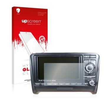 Parte frontale di una confezione del prodotto con il logo del marchio upscreen. Accanto è raffigurato il dispositivo Audi A3 8
