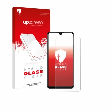 Parte frontale di una confezione del prodotto con il logo del marchio upscreen. Accanto è raffigurato il dispositivo Huawei P3