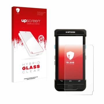 Parte frontale di una confezione del prodotto con il logo del marchio upscreen. Accanto è raffigurato il dispositivo Opticon H