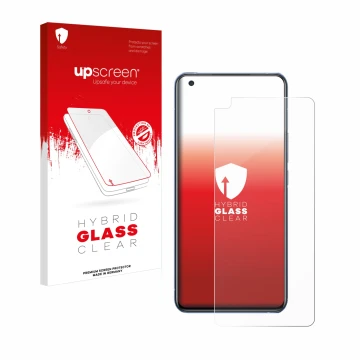 Parte frontale di una confezione del prodotto con il logo del marchio upscreen. Accanto è raffigurato il dispositivo Vivo X50 