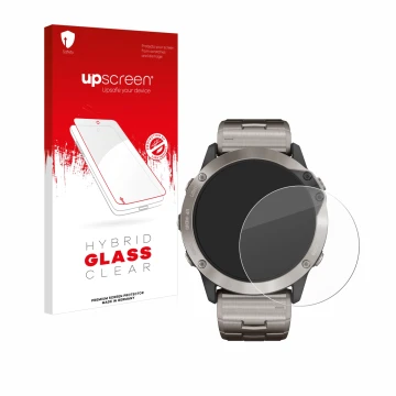 Parte frontale di una confezione del prodotto con il logo del marchio upscreen. Accanto è raffigurato il dispositivo Garmin qu