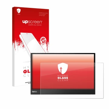 Parte frontale di una confezione del prodotto con il logo del marchio upscreen. Accanto è raffigurato il dispositivo Lenovo Th