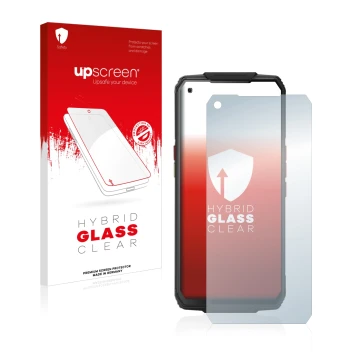 Parte frontale di una confezione del prodotto con il logo del marchio upscreen. Accanto è raffigurato il dispositivo Oukitel W