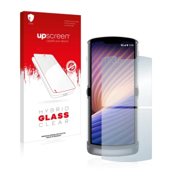 Parte frontale di una confezione del prodotto con il logo del marchio upscreen. Accanto è raffigurato il dispositivo Motorola 