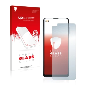 Parte frontale di una confezione del prodotto con il logo del marchio upscreen. Accanto è raffigurato il dispositivo Motorola 