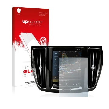 Parte frontale di una confezione del prodotto con il logo del marchio upscreen. Accanto è raffigurato il dispositivo Volvo S60