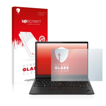 Parte frontale di una confezione del prodotto con il logo del marchio upscreen. Accanto è raffigurato il dispositivo Lenovo Th