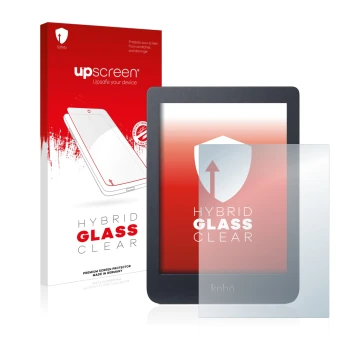 Parte frontale di una confezione del prodotto con il logo del marchio upscreen. Accanto è raffigurato il dispositivo Kobo Nia 