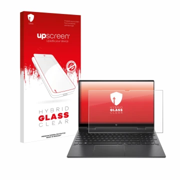Parte frontale di una confezione del prodotto con il logo del marchio upscreen. Accanto è raffigurato il dispositivo HP Envy x
