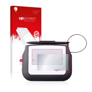 Parte frontale di una confezione del prodotto con il logo del marchio upscreen. Accanto è raffigurato il dispositivo Signotec 