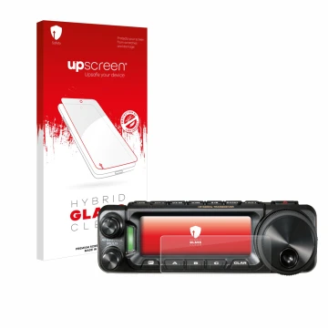 Parte frontale di una confezione del prodotto con il logo del marchio upscreen. Accanto è raffigurato il dispositivo Yaesu FT-