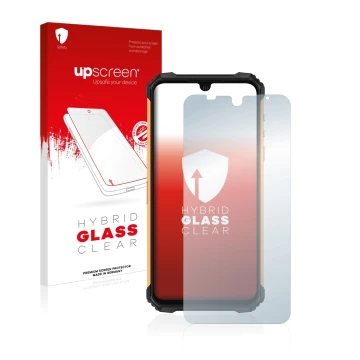 Parte frontale di una confezione del prodotto con il logo del marchio upscreen. Accanto è raffigurato il dispositivo Ulefone A