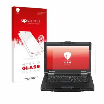 Parte frontale di una confezione del prodotto con il logo del marchio upscreen. Accanto è raffigurato il dispositivo Panasonic