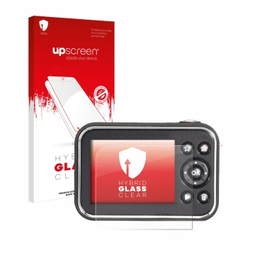 Parte frontale di una confezione del prodotto con il logo del marchio upscreen. Accanto è raffigurato il dispositivo Vtech Kid