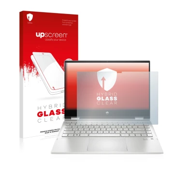 Parte frontale di una confezione del prodotto con il logo del marchio upscreen. Accanto è raffigurato il dispositivo HP Pavili
