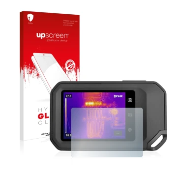 Parte frontale di una confezione del prodotto con il logo del marchio upscreen. Accanto è raffigurato il dispositivo Flir C5 c