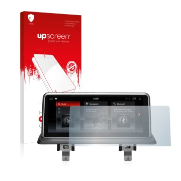 Parte frontale di una confezione del prodotto con il logo del marchio upscreen. Accanto è raffigurato il dispositivo BMW 1 E88