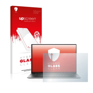 Parte frontale di una confezione del prodotto con il logo del marchio upscreen. Accanto è raffigurato il dispositivo Dell XPS 