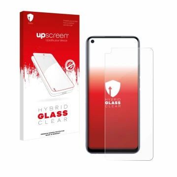 Parte frontale di una confezione del prodotto con il logo del marchio upscreen. Accanto è raffigurato il dispositivo realme Q2