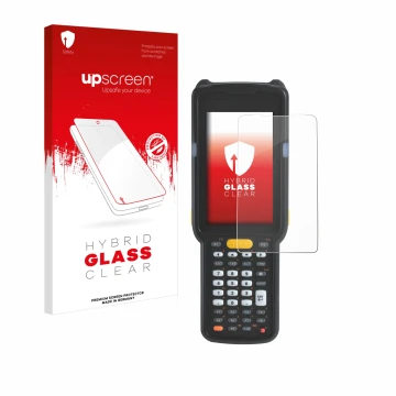 Parte frontale di una confezione del prodotto con il logo del marchio upscreen. Accanto è raffigurato il dispositivo Zebra MC3