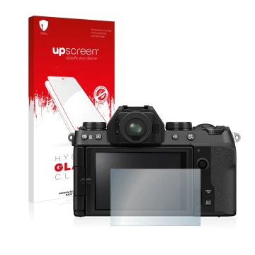 Parte frontale di una confezione del prodotto con il logo del marchio upscreen. Accanto è raffigurato il dispositivo Fujifilm 