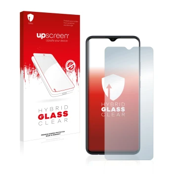 Parte frontale di una confezione del prodotto con il logo del marchio upscreen. Accanto è raffigurato il dispositivo Oppo A15 