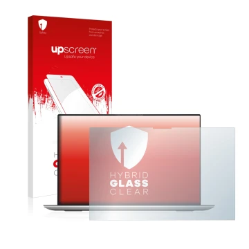Parte frontale di una confezione del prodotto con il logo del marchio upscreen. Accanto è raffigurato il dispositivo Dell XPS 