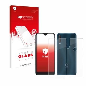 Parte frontale di una confezione del prodotto con il logo del marchio upscreen. Accanto è raffigurato il dispositivo Alcatel 1