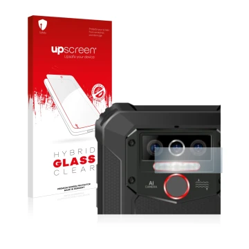 Parte frontale di una confezione del prodotto con il logo del marchio upscreen. Accanto è raffigurato il dispositivo Oukitel W