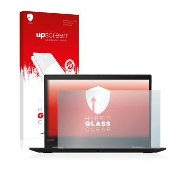 Parte frontale di una confezione del prodotto con il logo del marchio upscreen. Accanto è raffigurato il dispositivo Lenovo Th