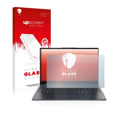 Parte frontale di una confezione del prodotto con il logo del marchio upscreen. Accanto è raffigurato il dispositivo Lenovo Yo