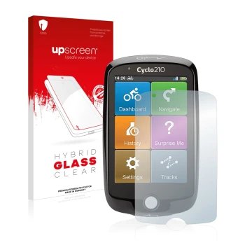 Parte frontale di una confezione del prodotto con il logo del marchio upscreen. Accanto è raffigurato il dispositivo Mio Cyclo