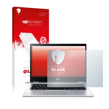 Parte frontale di una confezione del prodotto con il logo del marchio upscreen. Accanto è raffigurato il dispositivo Acer Spin