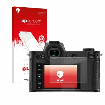 Parte frontale di una confezione del prodotto con il logo del marchio upscreen. Accanto è raffigurato il dispositivo Leica SL2