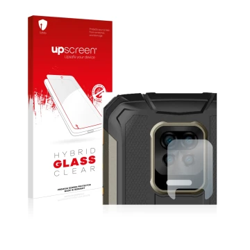 Parte frontale di una confezione del prodotto con il logo del marchio upscreen. Accanto è raffigurato il dispositivo Doogee S5