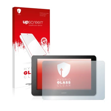 Parte frontale di una confezione del prodotto con il logo del marchio upscreen. Accanto è raffigurato il dispositivo Wacom One